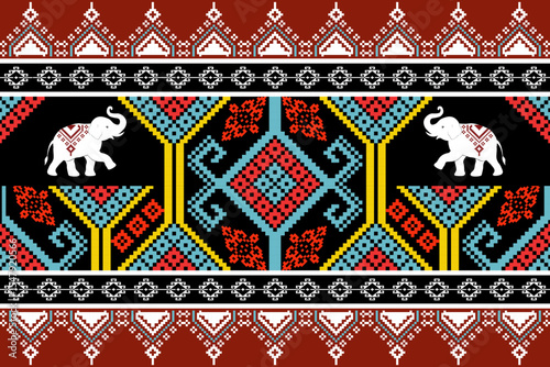 Vibrant traditional Thai fabric design in pixel art, highlighting cultural patterns with white elephants and bold geometric motifs, celebrating Southeast Asian heritage.