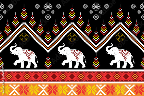Vibrant traditional Thai fabric design in pixel art, highlighting cultural patterns with white elephants and bold geometric motifs, celebrating Southeast Asian heritage.