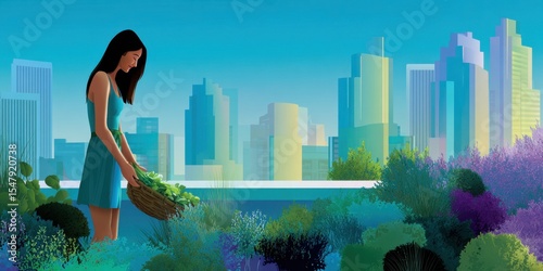 Rooftop garden with woman harvesting vegetables, city skyline backdrop