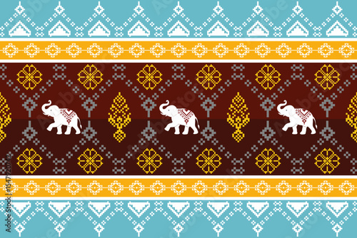 Vibrant traditional Thai fabric design in pixel art, highlighting cultural patterns with white elephants and bold geometric motifs, celebrating Southeast Asian heritage.