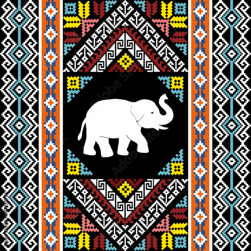 Vibrant traditional Thai fabric design in pixel art, highlighting cultural patterns with white elephants and bold geometric motifs, celebrating Southeast Asian heritage.