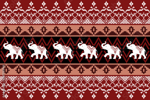 Vibrant traditional Thai fabric design in pixel art, highlighting cultural patterns with white elephants and bold geometric motifs, celebrating Southeast Asian heritage.