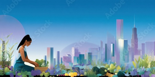 Rooftop garden with woman harvesting vegetables, city skyline backdrop