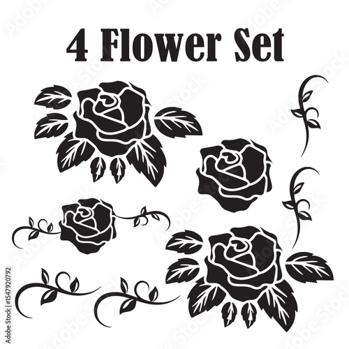 4-Flower Black and White Botanical Illustration Set – Intricate Line Art and Elegant Floral Silhouettes
