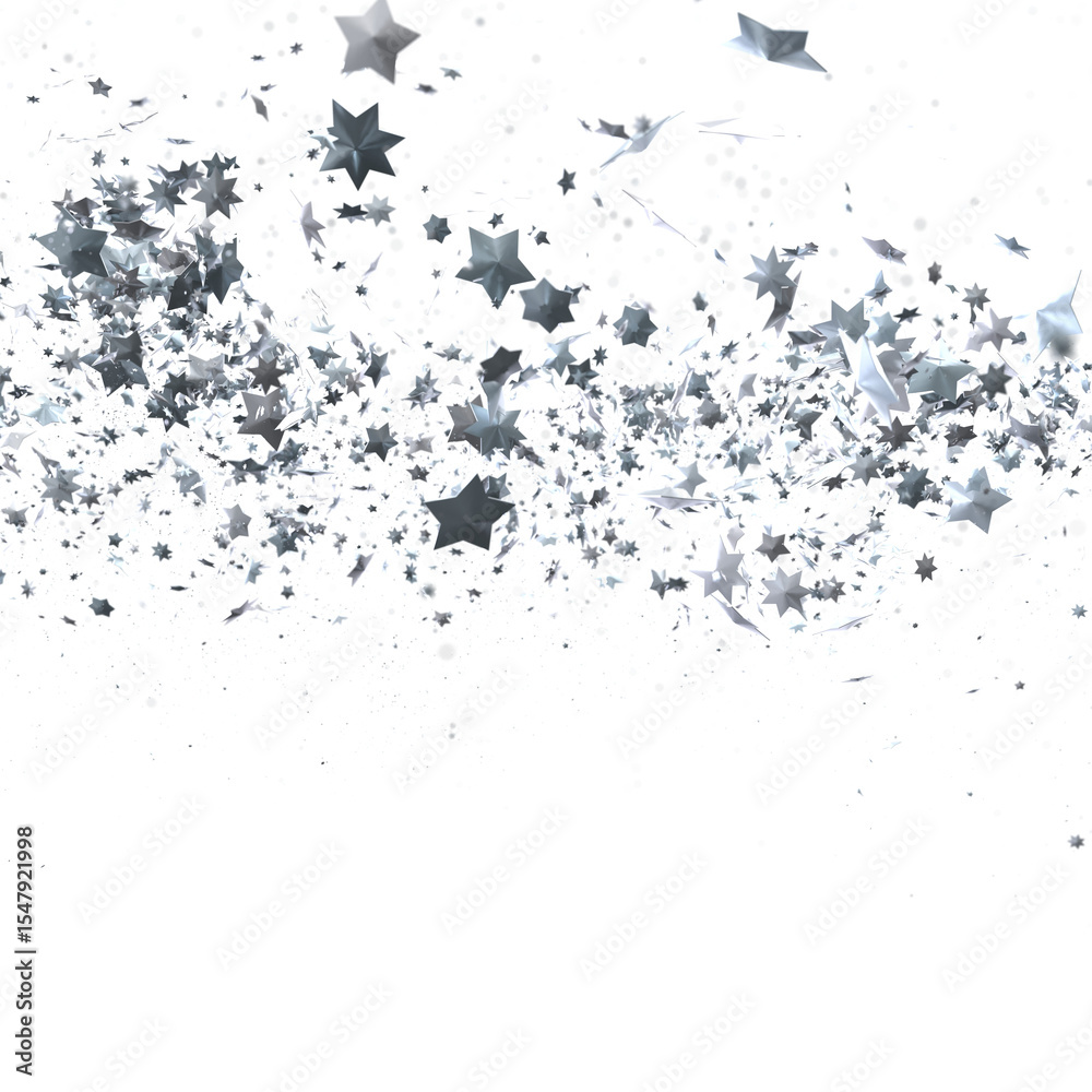 Naklejka premium Sparkling silver stars burst across a white background. Perfect for celebration designs.