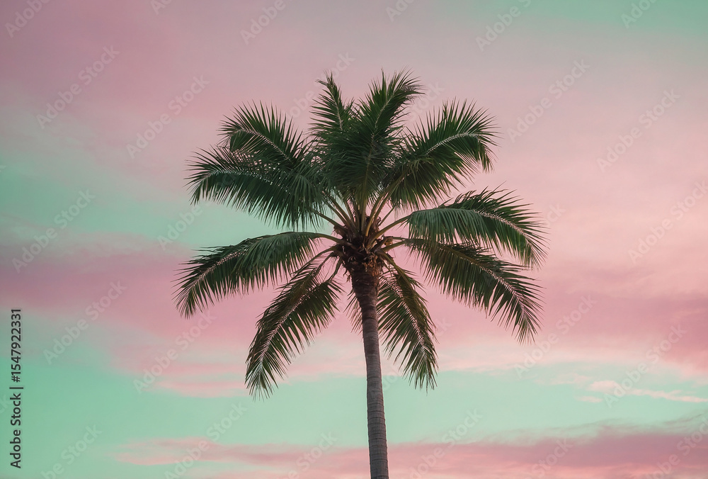 Obraz premium Lone Palm Tree Silhouetted Against Pastel Pink and Mint Sky