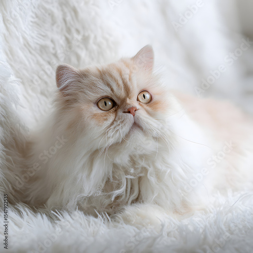 Cozy Moments with a Persian Cat: Elegant Portrait on Soft White Backdrop for Messaging captures warmth, comfort, and timeless charm.The serene expression of the Persian cat,paired with its fluffy coat