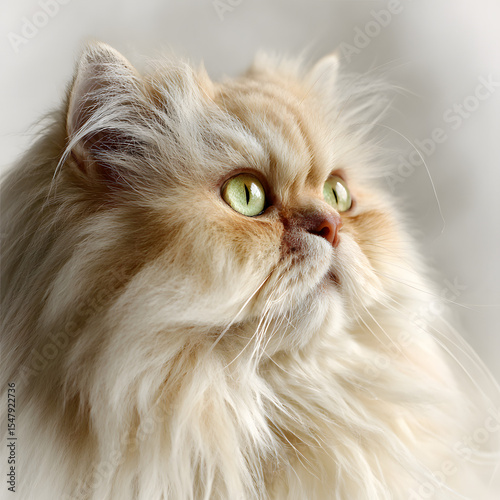 Cozy Moments with a Persian Cat: Elegant Portrait on Soft White Backdrop for Messaging captures warmth, comfort, and timeless charm.The serene expression of the Persian cat,paired with its fluffy coat