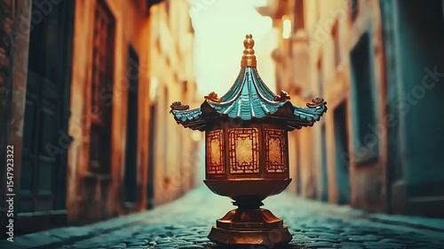 Empty cobbled lane showing a traditional festival float in a calm, historic neighborhood with no people or traffic