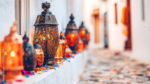 Empty narrow street lined with leftover decorative lanterns and colorful confetti remnants following a local festival