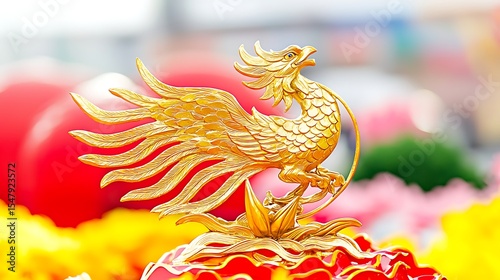 Elegant close-up of a golden phoenix motif with fine sculptural details on an ornate festival float
