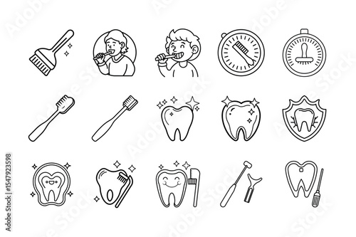 Tooth Brushing Icon Set on White Background