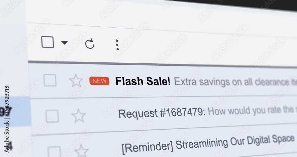 Incoming email with Flash Sale promotional title, new e-mail in inbox folder with marketing or promotional email notification, webmail interface close up footage Incoming email with Flash Sale promotional title, new e-mail in inbox folder with marketing or promotional email notification, webmail interface close up footage