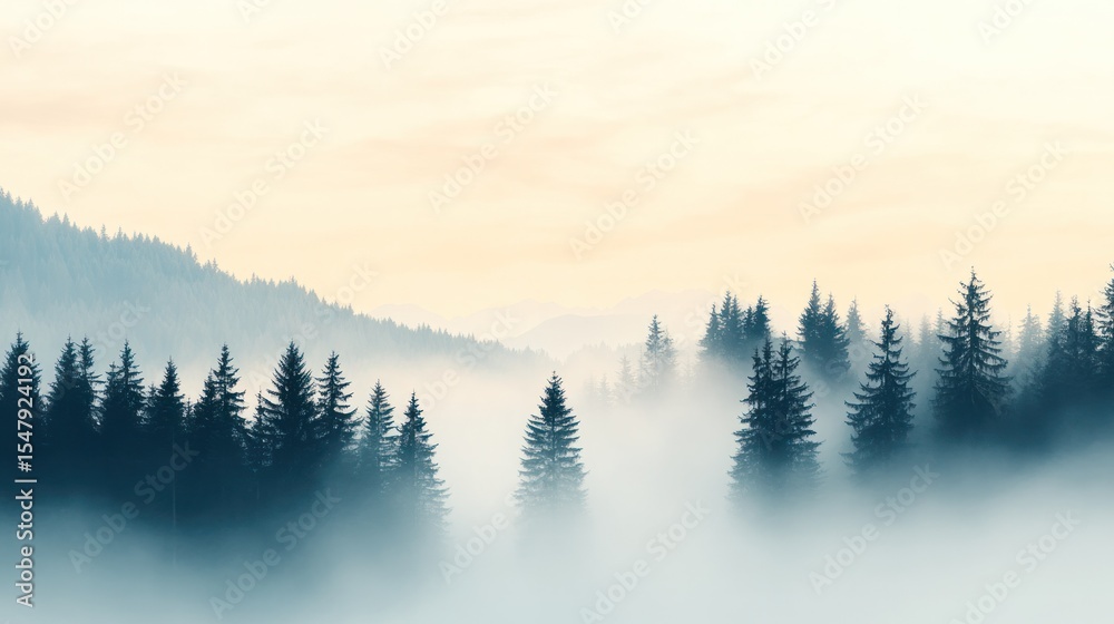 Obraz premium A serene landscape featuring misty forests and gentle hills, capturing the tranquility and beauty of nature at dawn.