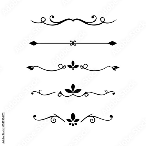 Vector dividers calligraphic line element.Set of Black Hand Drawn Rustic Doodle Design Elements. Decorative Floral Swirls, Scrolls, Text Frames, Dividers. Vintage Vector Illustration. 
