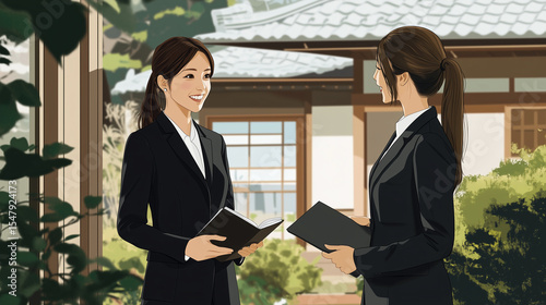 Friendly Japanese businesswoman in a black suit smiling and talking to a client with a folder in hand professional consultation, businesswoman, customer service, client meeting, ho