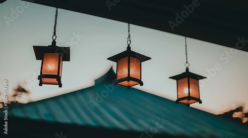 Dark temple roof silhouette framed by hanging lanterns emitting a gentle warm light at twilight