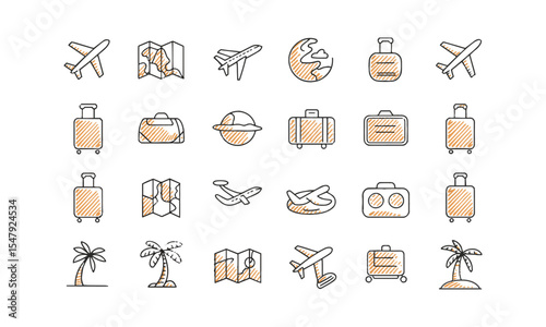 Modern vector illustration set titled Travel and Vacation Icon collection, transport, and beach leisure. Include elements such as airplanes, luggage, beachwear, maps, hotel buildings, easily editable.