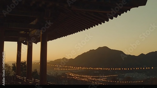 Darkened roof eaves silhouetted against illuminated lantern strings hanging below at night