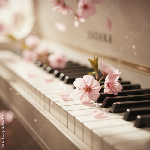 Pink cherry blossom flowers and petals on vintage piano keyboard. Concept of romantic music or melody. Close up view of musical instrument with spring floral decoration for banner.	
