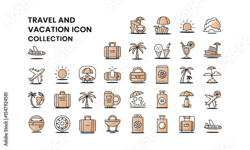 Modern vector illustration set titled Travel and Vacation Icon collection, transport, and beach leisure. Include elements such as airplanes, luggage, beachwear, maps, hotel buildings, easily editable.