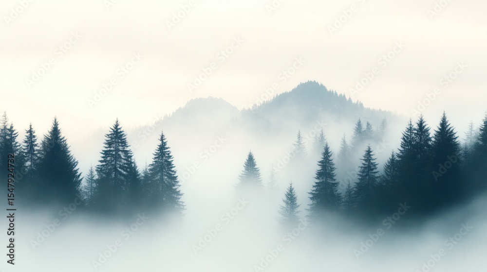 Obraz premium A serene misty landscape featuring towering trees and distant mountains, evoking calmness and tranquility.