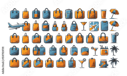 Modern vector illustration set titled Travel and Vacation Icon collection, transport, and beach leisure. Include elements such as airplanes, luggage, beachwear, maps, hotel buildings, easily editable.