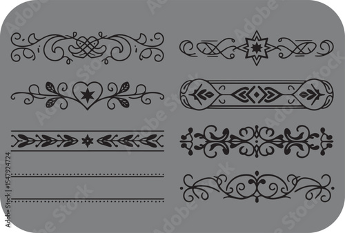Collection of seven unique black and white decorative design elements