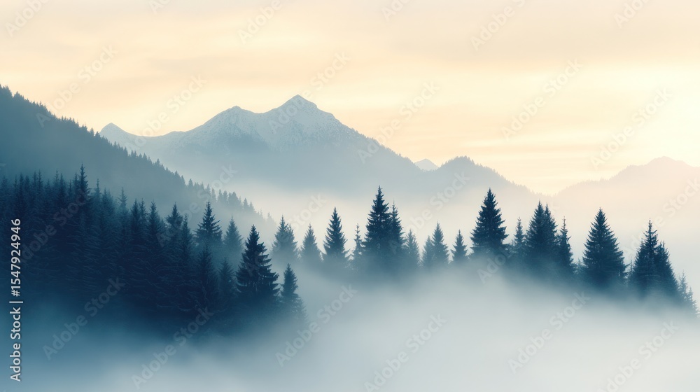 Obraz premium A serene mountain landscape shrouded in mist, showcasing towering trees and distant peaks under a soft, dreamy atmosphere.