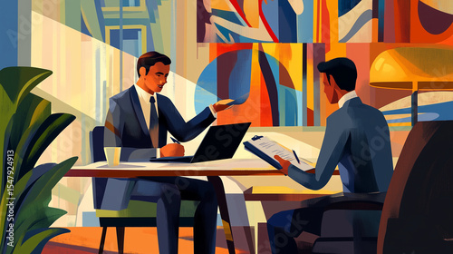 Business professionals having a productive meeting with laptop and clipboard in a modern office environment business meeting, corporate strategy, teamwork, professional collaborati