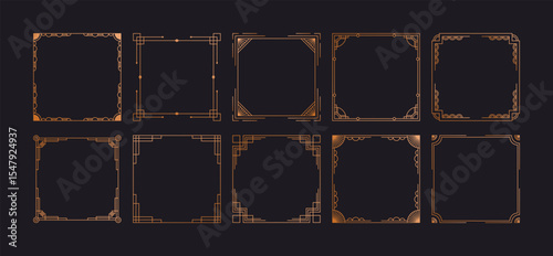 Gold antique frame set. Art deco gold vintage frames, decorative luxury borders with elegant geometric lines, golden retro modern elements. Vector collection