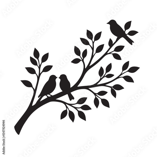Silhouette of birds perched on a branch with leaves