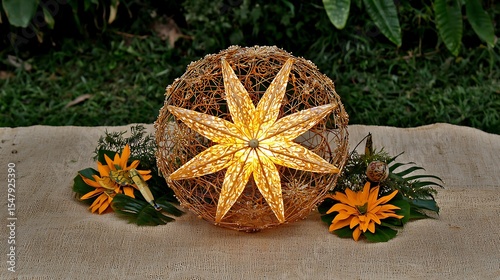 Close-up of a luminous golden ornament with cultural motifs decorating a festive parade float