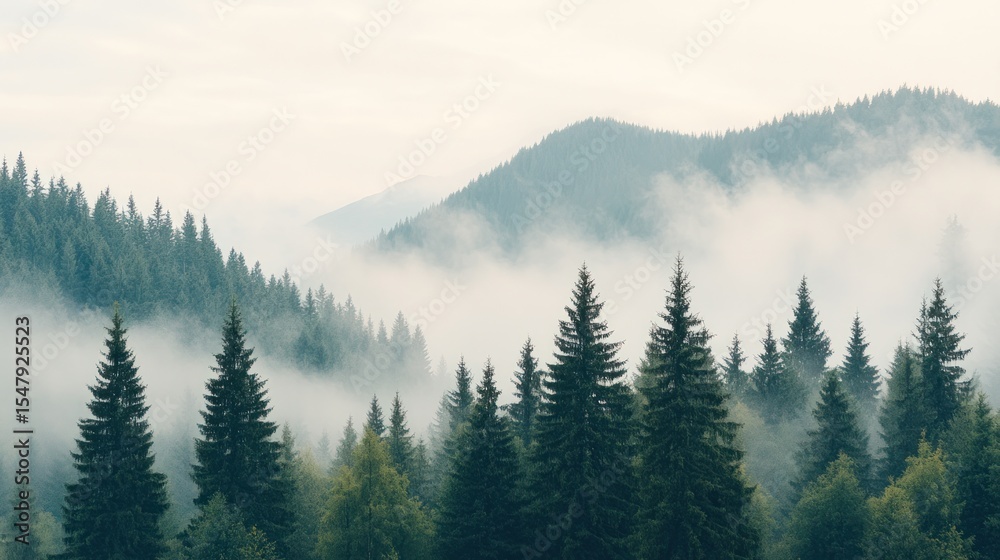 Fototapeta premium A serene view of misty mountains and evergreen trees, capturing the beauty and tranquility of nature in a foggy setting.