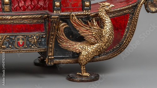 Close-up of a richly detailed golden phoenix sculpture from a historic festival float showcasing fine craftsmanship