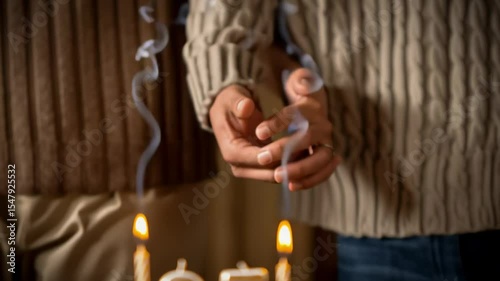 Close-up of a chocolate birthday cake with lit candles showing the number 25, as a couple holds hands in the background during a cozy celebration.