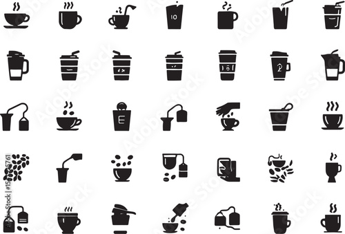 Extensive Collection of Tea and Coffee Icons Cups, Bags, and More