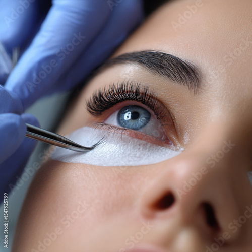 eyelash extension procedure girl with blue eyes