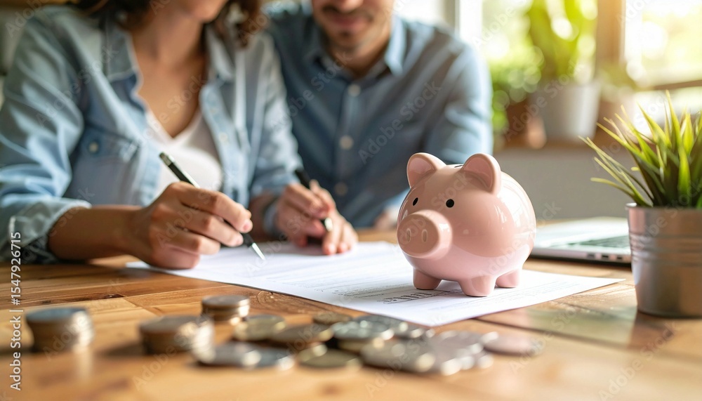Fototapeta premium Saving money concept. Couple reviewing financial documents with a piggy bank on the table, emphasizing savings and financial planning.