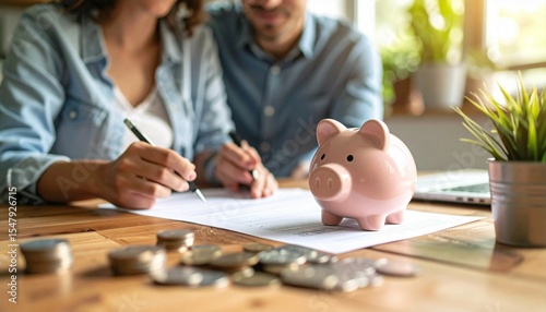 Saving money concept. Couple reviewing financial documents with a piggy bank on the table, emphasizing savings and financial planning.
