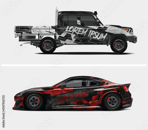 Custom Car Wraps Design Mockups for Pickup Truck and Sports Car