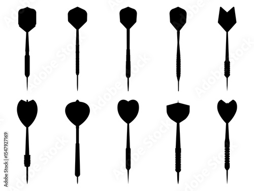 Set of Darts Dart Arrows Silhouette in various poses isolated on white background