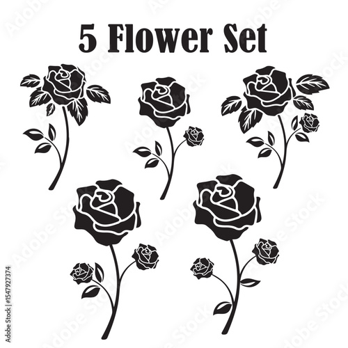 Elegant 5 Flower Silhouette Set – Intricate Black & White Rose and Botanical Line Art Designs

