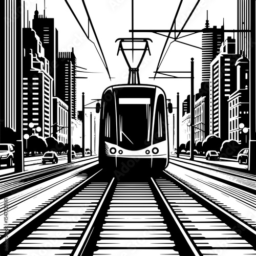 Black and White Vector of a Tram on Tracks
