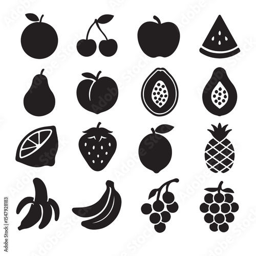 Black and white fruit icons set for graphic design.