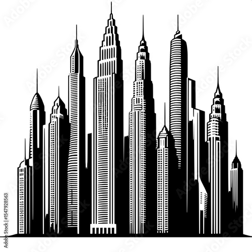 Black and White Vector of a Skyscraper Cluster