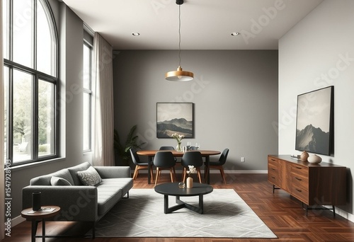 Muted tones, subtle brass lighting, statement ceiling