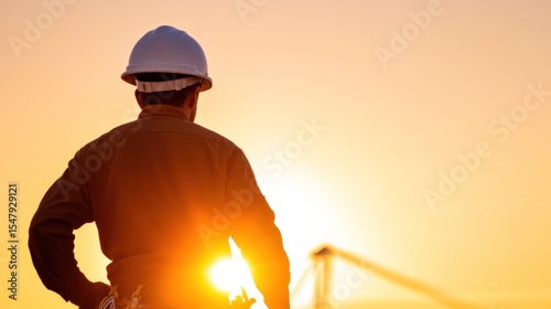 A worker stands against a breathtaking sunset, symbolizing dedication and hard work in the construction industry.