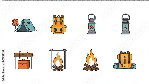 Camping Icons Tent, Backpack, Lantern, Fire, and More