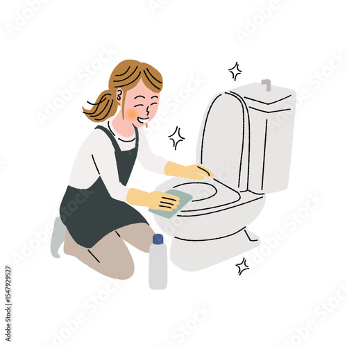 トイレ掃除をするエプロン姿の女性